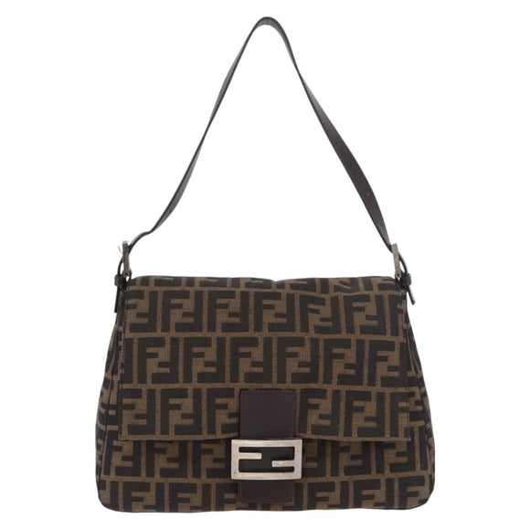 FENDI Zucca Canvas Mamma Baguette Schultertasche Schwarz Braun Silber Auth am11783V