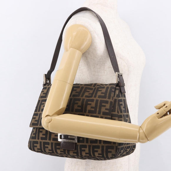 FENDI Zucca Canvas Mamma Baguette Schultertasche Schwarz Braun Silber Auth am11783V