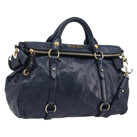 Miu Miu Side Ribbon Hand Bag Leather 2way Navy Gold Auth am11789A