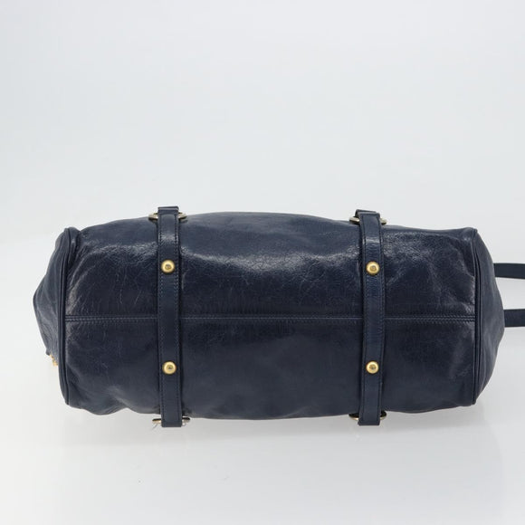 Miu Miu Side Ribbon Hand Bag Leather 2way Navy Gold Auth am11789A
