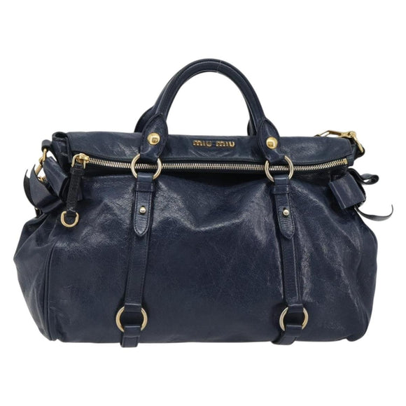 Miu Miu Side Ribbon Hand Bag Leather 2way Navy Gold Auth am11789A