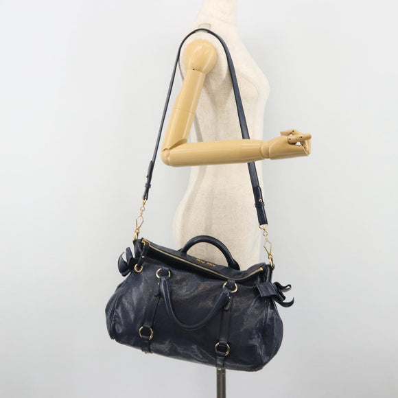 Miu Miu Side Ribbon Hand Bag Leather 2way Navy Gold Auth am11789A