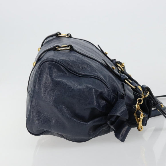 Miu Miu Side Ribbon Hand Bag Leather 2way Navy Gold Auth am11789A