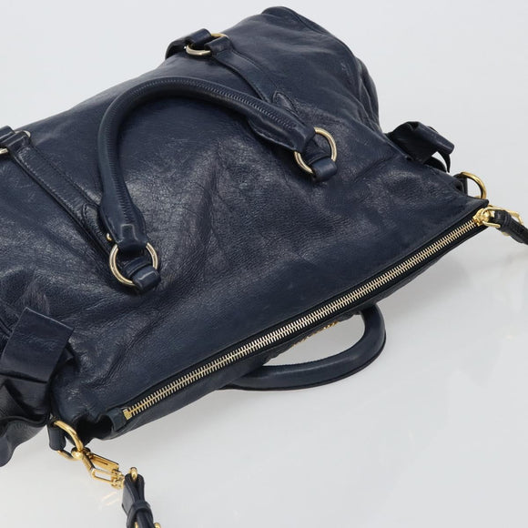 Miu Miu Side Ribbon Hand Bag Leather 2way Navy Gold Auth am11789A