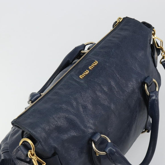 Miu Miu Side Ribbon Hand Bag Leather 2way Navy Gold Auth am11789A