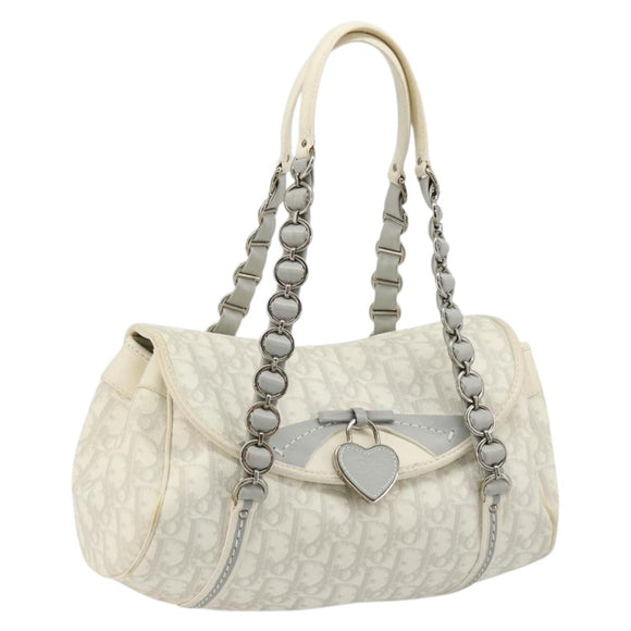 Christian Dior Trotter Canvas Romantic Chain Bag PVC White Silver Auth am11806V