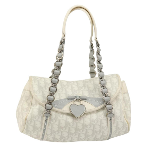 Christian Dior Trotter Canvas Romantic Chain Bag PVC White Silver Auth am11806V