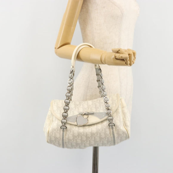 Christian Dior Trotter Canvas Romantic Chain Bag PVC White Silver Auth am11806V
