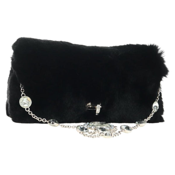 Miu Miu Crystal Chain Shoulder Bag Fur Black Silver 5BD233 Auth am11808SAM