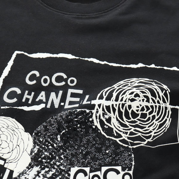 CHANEL CC Camellia Sequin Cut And Sew Shirt Cotton S Black CC Auth am11841M