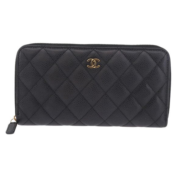 CHANEL Matelasse Long Wallet Caviar Skin Black Gold CC Auth am11846M