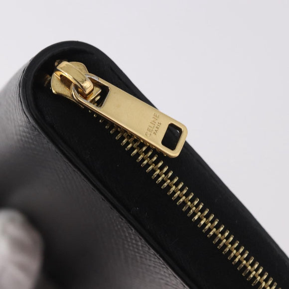 CELINE Round Compact Wallet Leather Black Gold Auth am11856V