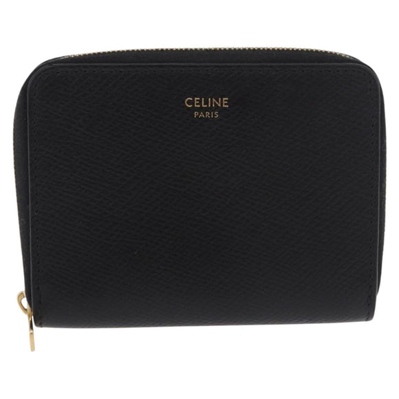 CELINE Round Compact Wallet Leather Black Gold Auth am11856V