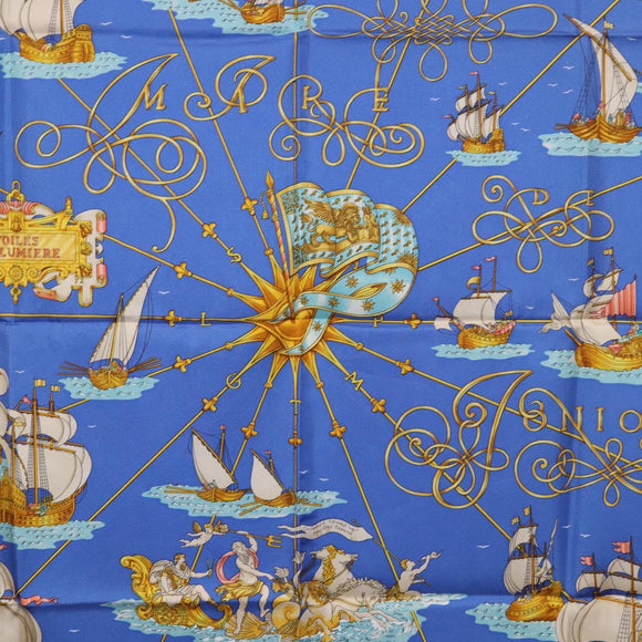 HERMES Carre 90 Scarf ""VOILES DE LUMIERE"" Silk Blue Auth am11862M
