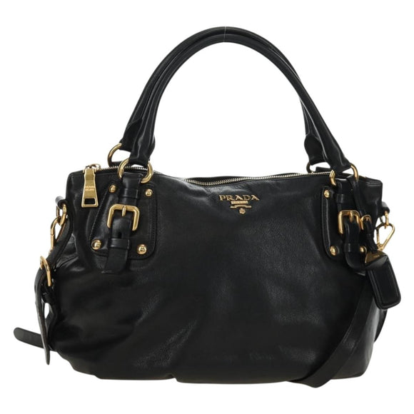 PRADA Hand Bag Leather 2way Black Gold Auth am11866V