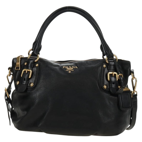 PRADA Hand Bag Leather 2way Black Gold Auth am11866V