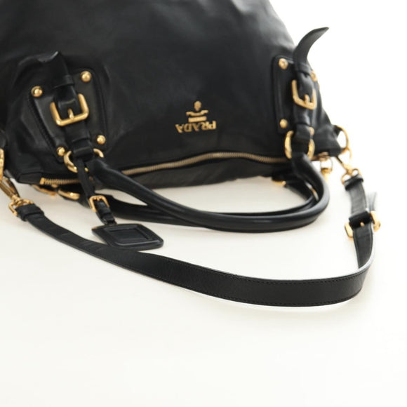 PRADA Hand Bag Leather 2way Black Gold Auth am11866V