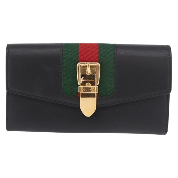 GUCCI Silvi Web Sherry Line Long Wallet Leather Black Red 476084 Auth am11867V