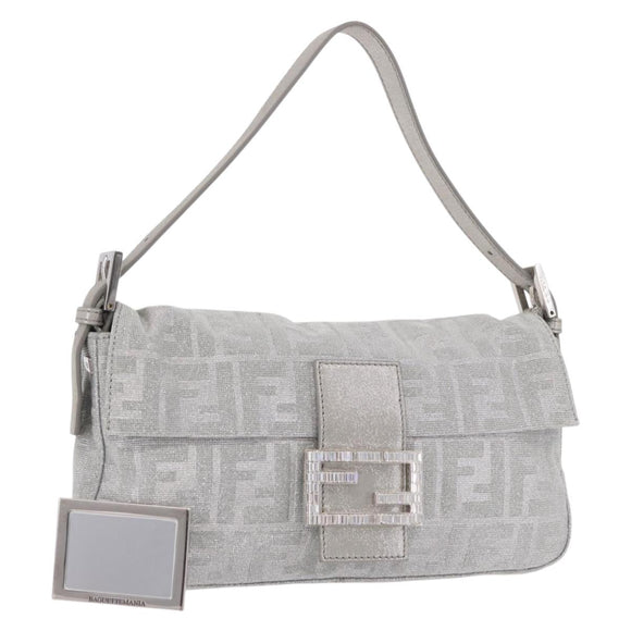 FENDI Zucca Canvas Mamma Baguette Rhinestone Shoulder Bag Silver Auth am11868SM