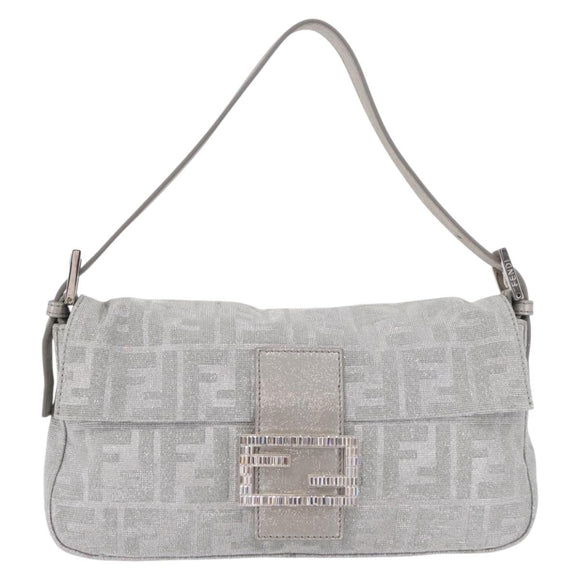 FENDI Zucca Canvas Mamma Baguette Rhinestone Shoulder Bag Silver Auth am11868SM