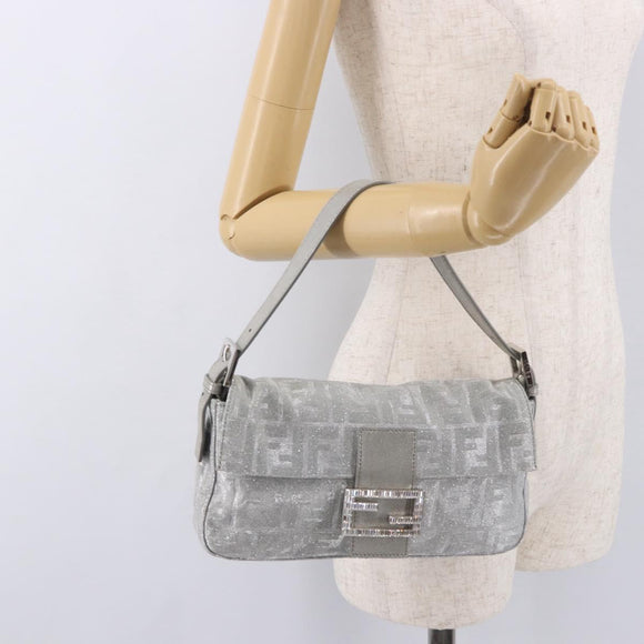 FENDI Zucca Canvas Mamma Baguette Rhinestone Shoulder Bag Silver Auth am11868SM