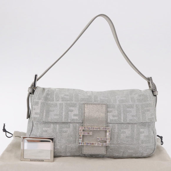 FENDI Zucca Canvas Mamma Baguette Rhinestone Shoulder Bag Silver Auth am11868SM