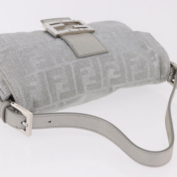 FENDI Zucca Canvas Mamma Baguette Rhinestone Shoulder Bag Silver Auth am11868SM