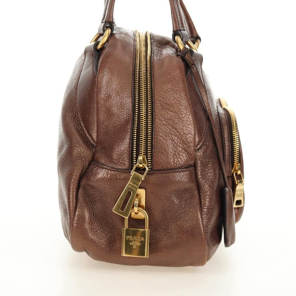 PRADA Ready Lock Shoulder Tote Bag Leather Brown Gold BL0557 Auth am11881SAV