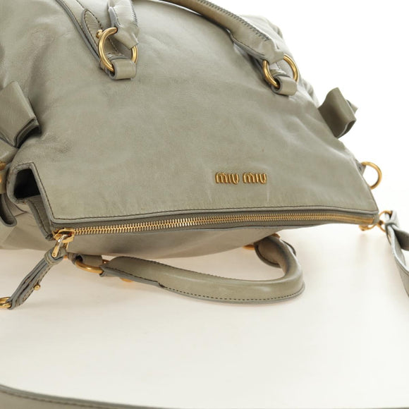 Miu Miu Side Ribbon Hand Bag Leather 2way Gray Gold Auth am11892V