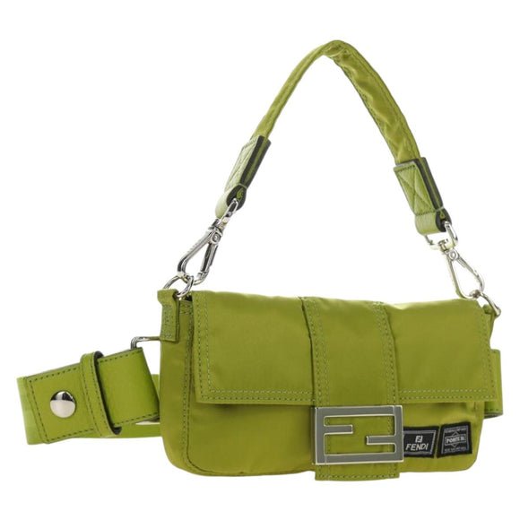 FENDI PORTER Collaboration Mamma Baguette Nylon LIme Green Silver Auth am11901M