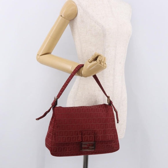 FENDI Zucchino Canvas Mamma Baguette Shoulder Bag Red Gold Auth am11906A