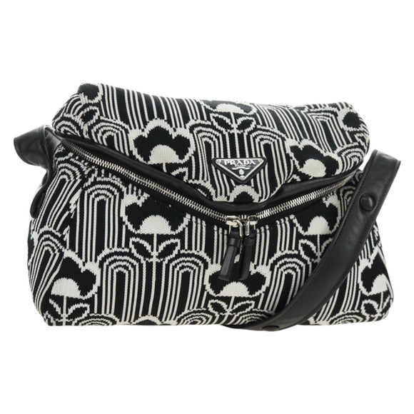 PRADA Shoney Jacquard Shoulder Bag Wool Black White Silver Auth am11907SAM