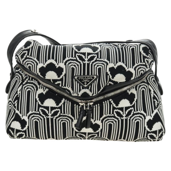 PRADA Shoney Jacquard Shoulder Bag Wool Black White Silver Auth am11907SAM