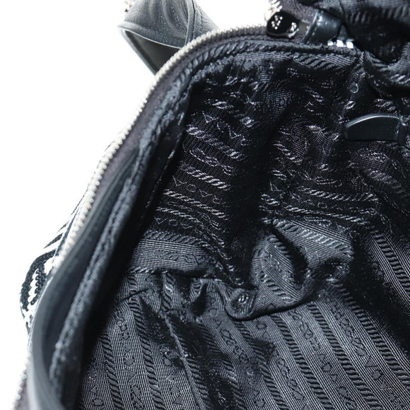 PRADA Shoney Jacquard Shoulder Bag Wool Black White Silver Auth am11907SAM