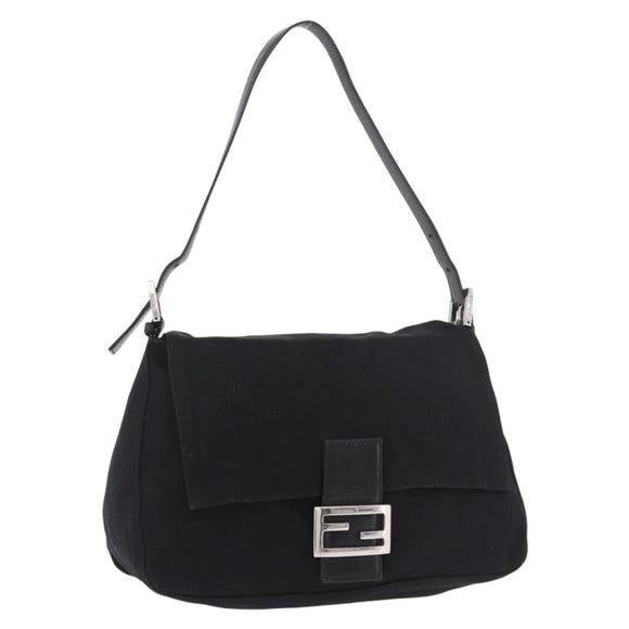 FENDI Mamma Baguette GM Shoulder Bag Cotton Jersey Black Silver Auth am11919