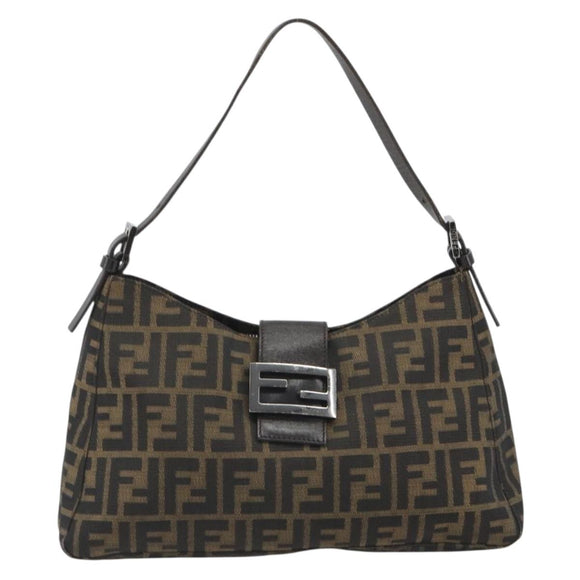 FENDI Zucca Canvas Mamma Baguette Shoulder Bag Black Brown Auth am11921A