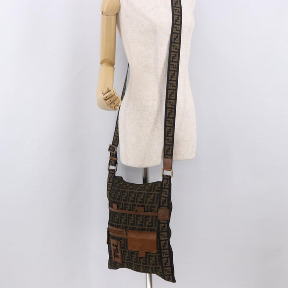 FENDI Zucca Canvas Shoulder Bag Black Brown Auth am11922V