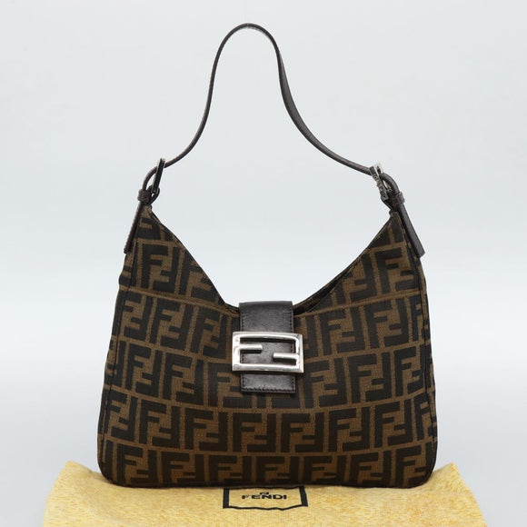 FENDI Zucca Canvas Mamma Baguette Shoulder Bag Black Brown Silver Auth am11931V