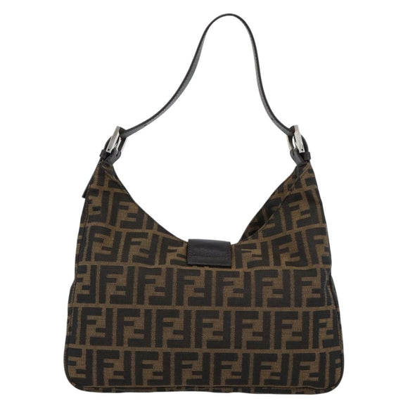 FENDI Zucca Canvas Mamma Baguette Shoulder Bag Black Brown Silver Auth am11931V