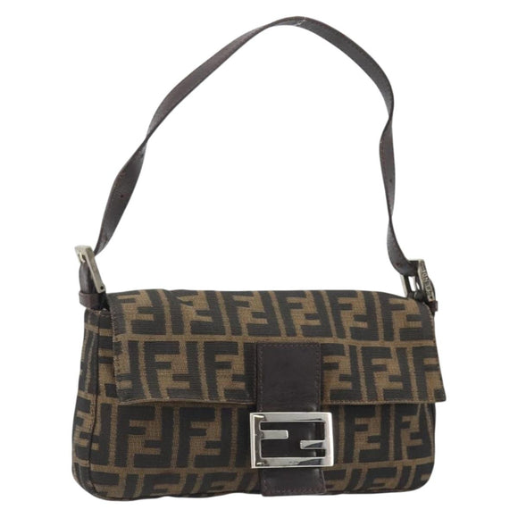 FENDI Zucca Canvas Mamma Baguette Shoulder Bag Black Brown Silver Auth am11936V