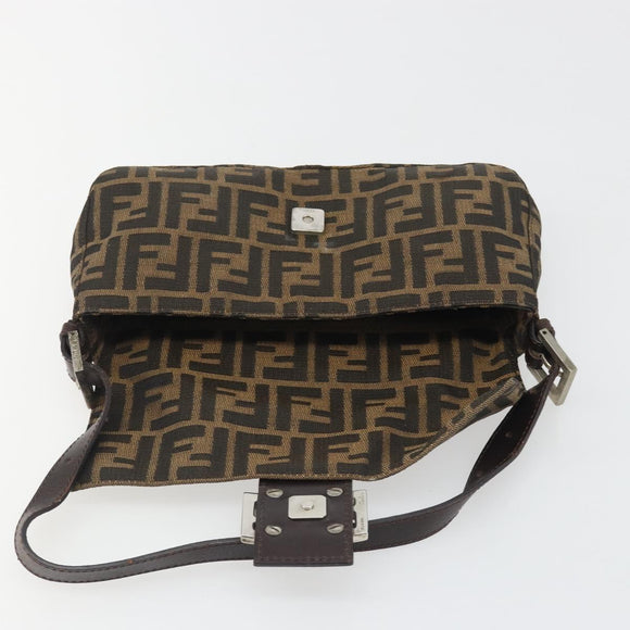 FENDI Zucca Canvas Mamma Baguette Shoulder Bag Black Brown Silver Auth am11936V