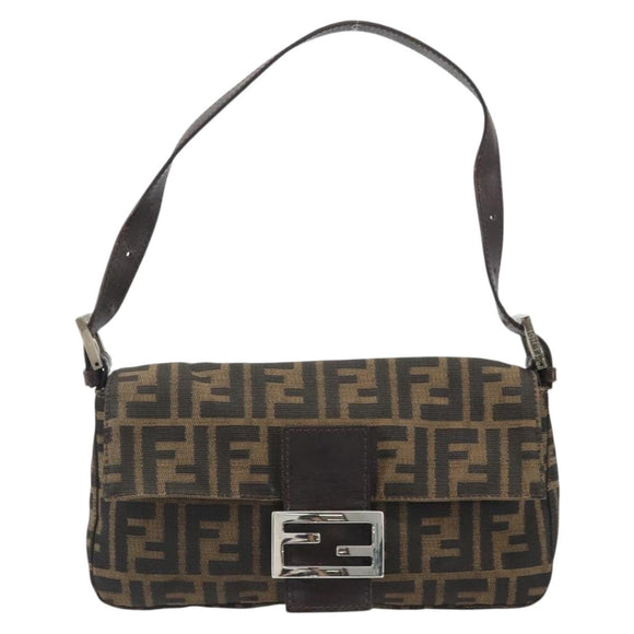 FENDI Zucca Canvas Mamma Baguette Shoulder Bag Black Brown Silver Auth am11936V