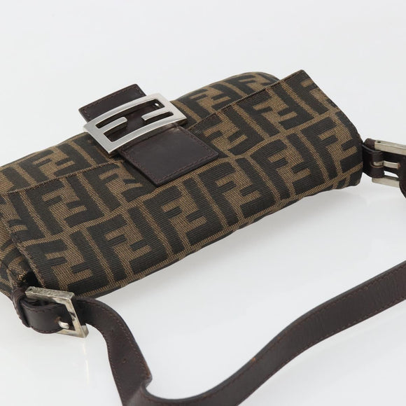 FENDI Zucca Canvas Mamma Baguette Shoulder Bag Black Brown Silver Auth am11936V