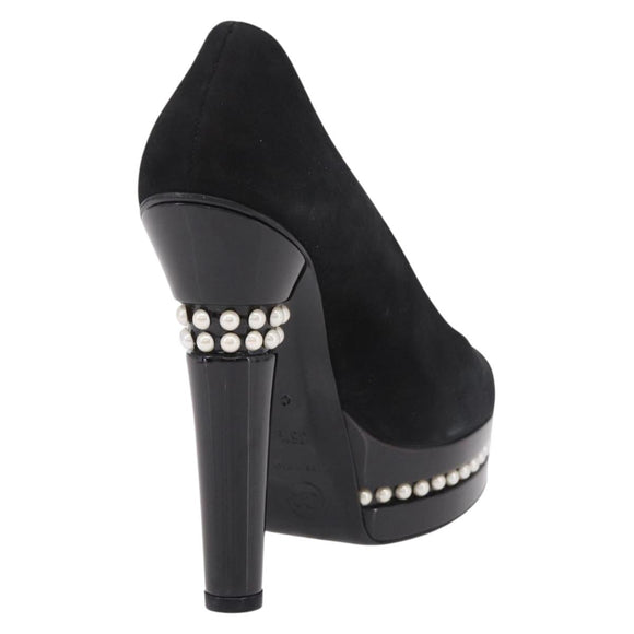 CHANEL Pearl Pumps Suede 35 1/2 Black CC Auth am11955M