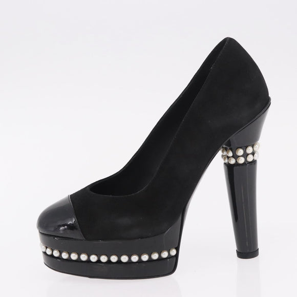 CHANEL Pearl Pumps Suede 35 1/2 Black CC Auth am11955M
