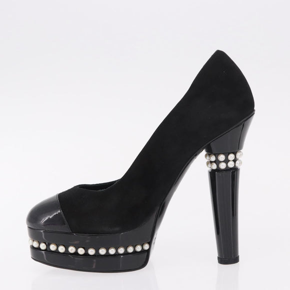 CHANEL Pearl Pumps Suede 35 1/2 Black CC Auth am11955M