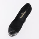 CHANEL Pearl Pumps Suede 35 1/2 Black CC Auth am11955M-6