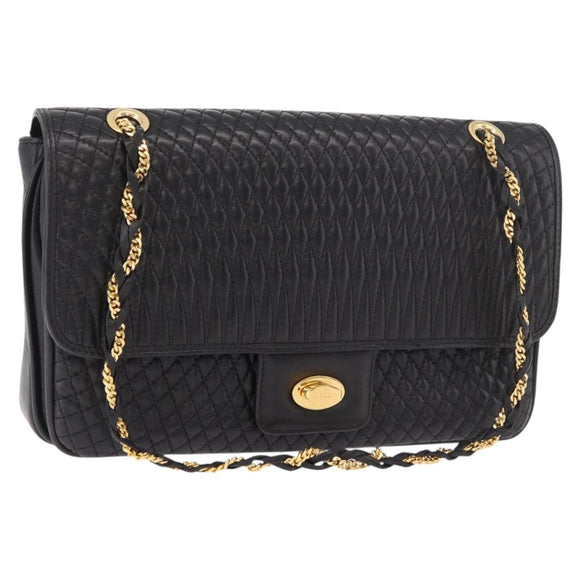 BALLY Double Flap Chain Shoulder Bag Leather Black Gold Auth am11961V