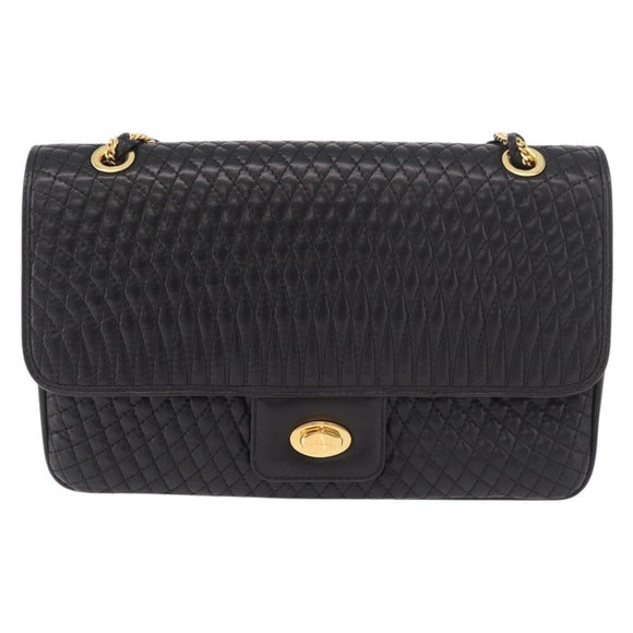 BALLY Double Flap Chain Shoulder Bag Leather Black Gold Auth am11961V