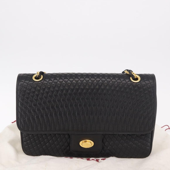 BALLY Double Flap Chain Shoulder Bag Leather Black Gold Auth am11961V